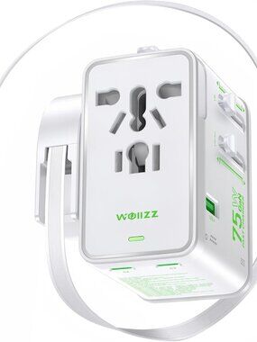 75W Tiny Universal Travel Adapter with 70cm Retractable Cable, White color